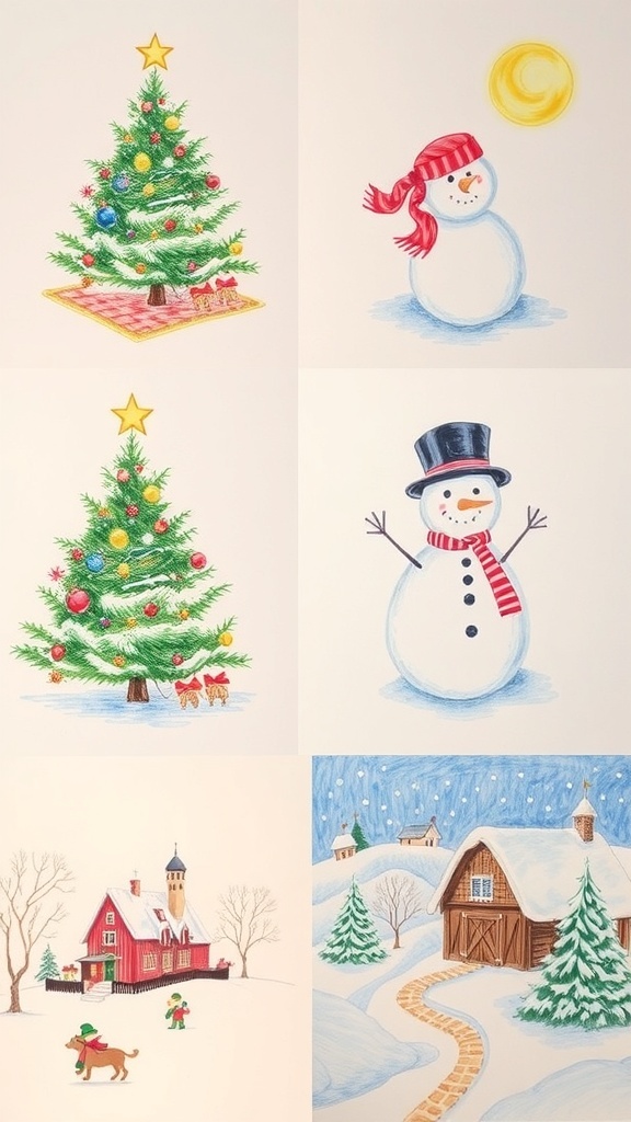 Beautiful Christmas drawings featuring a tree, snowman, and winter village.